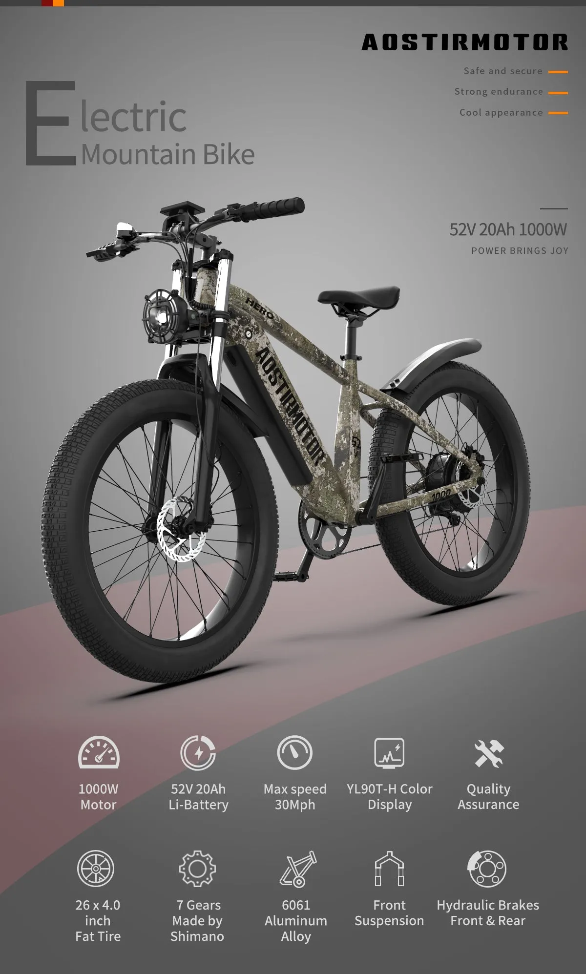 Aostirmotor HERO 1000W 52V Off-Road Fat Tire Electric Bike