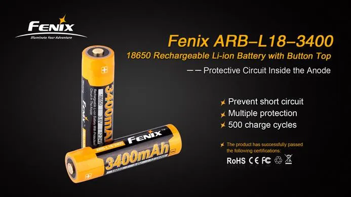 Fenix ARB L18-3400 Protected 3400mAh type 18650 Rechargeable Li-ion Battery for TK75 TK16 P12 TK35 PD35 PD32 TK09 TM26 ARE-X2 ARE-C1 Plus  ARE-C2 and other High Drain Devices