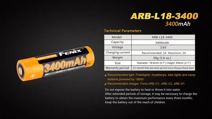 Fenix ARB L18-3400 Protected 3400mAh type 18650 Rechargeable Li-ion Battery for TK75 TK16 P12 TK35 PD35 PD32 TK09 TM26 ARE-X2 ARE-C1 Plus  ARE-C2 and other High Drain Devices