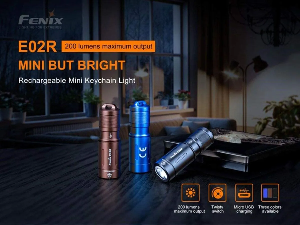 Fenix E02R 200 Lumen Mini USB Rechargeable EDC Keychain Flashlight with EdisonBright charging cable carrying case