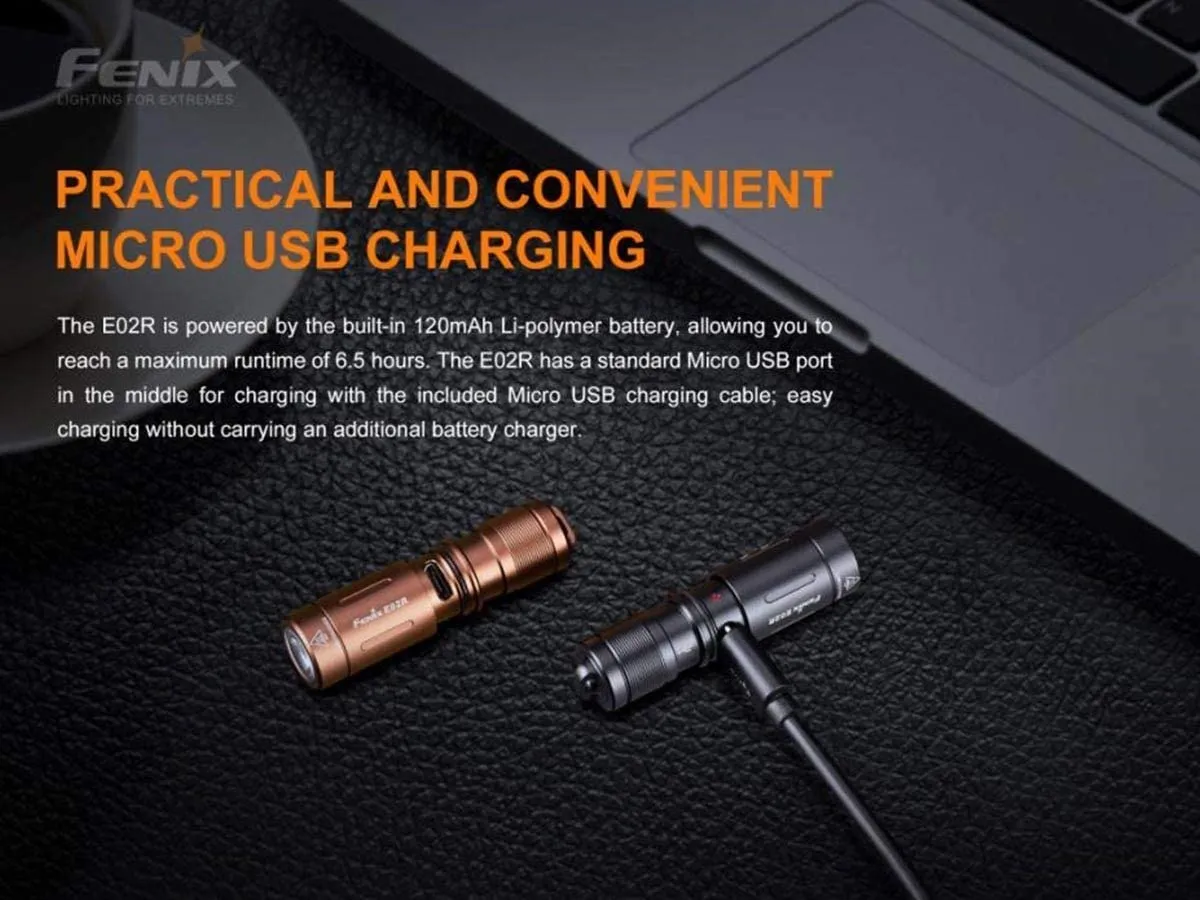 Fenix E02R 200 Lumen Mini USB Rechargeable EDC Keychain Flashlight with EdisonBright charging cable carrying case