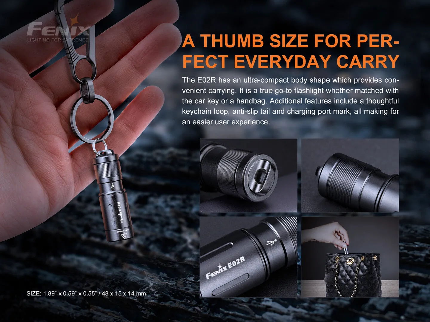 Fenix E02R 200 Lumen Mini USB Rechargeable EDC Keychain Flashlight with EdisonBright charging cable carrying case