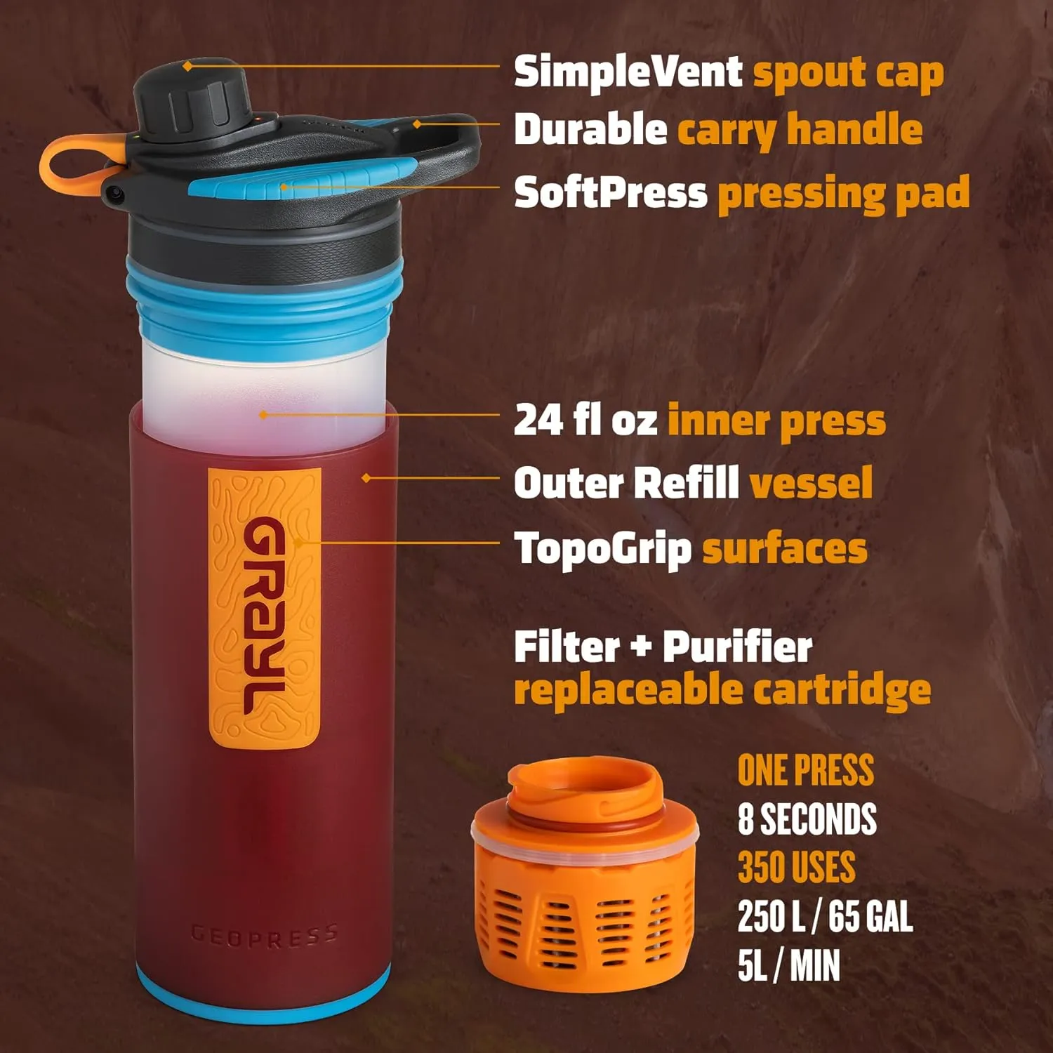 GRAYL GeoPress 24 oz Water Purifier Bottle - Filter for Hiking, Camping, Survival, Travel