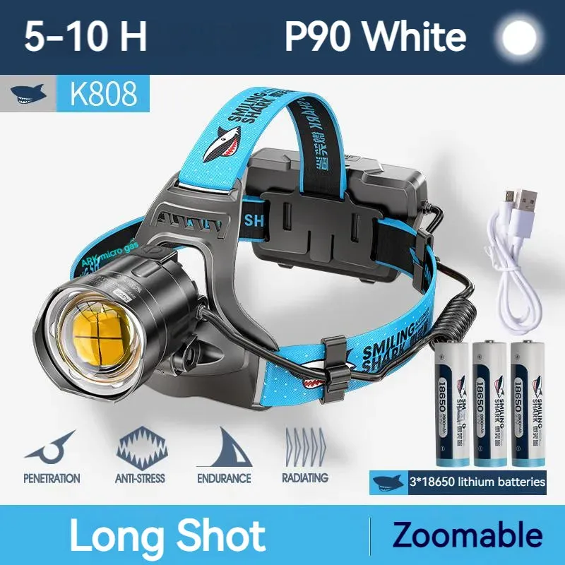 Smilling Shark K808 Super Bright Headlight LED P100 8000LM Headlamp Rechargeable Zoomable Head Flashlight for Camping Hiking