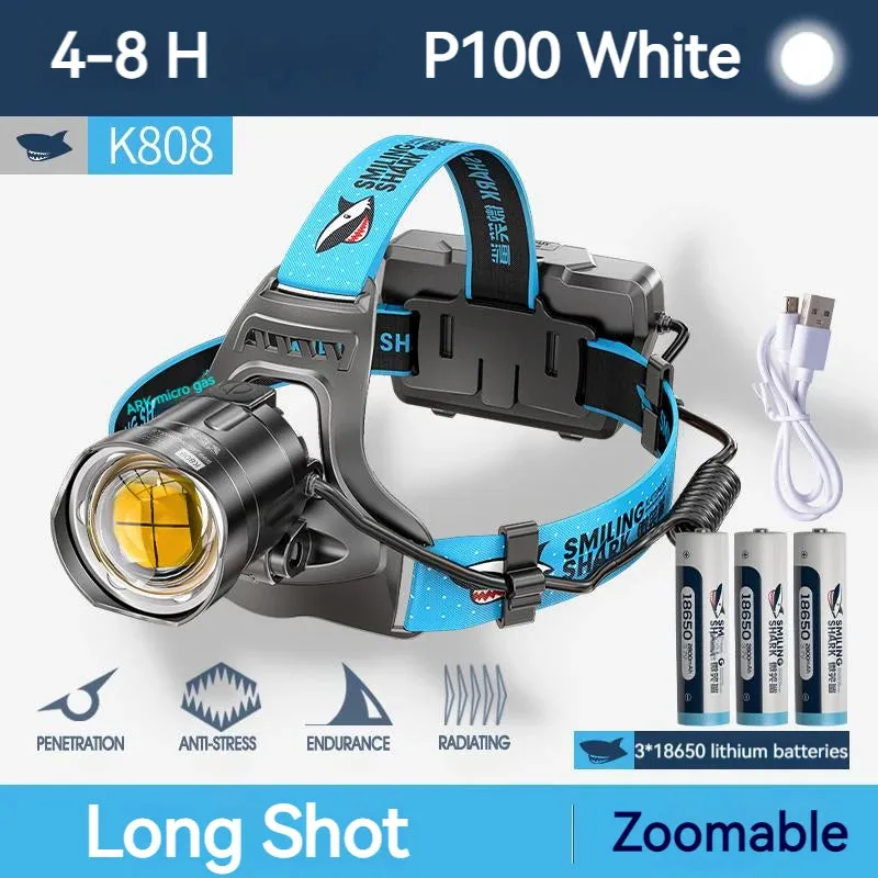 Smilling Shark K808 Super Bright Headlight LED P100 8000LM Headlamp Rechargeable Zoomable Head Flashlight for Camping Hiking