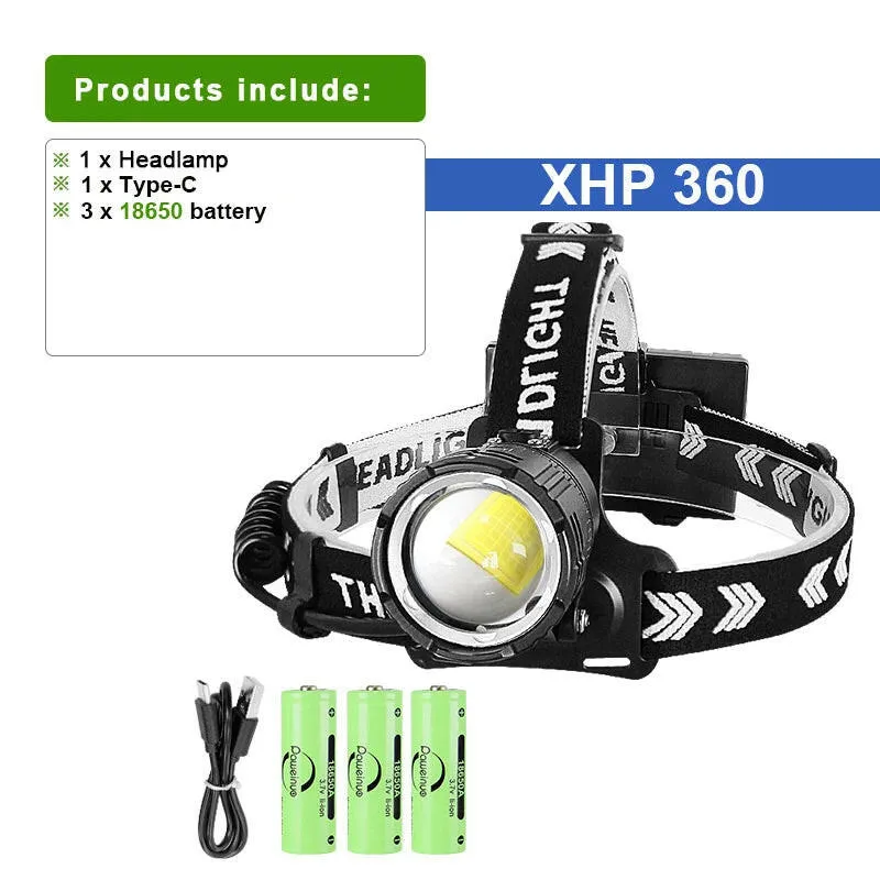 XHP360 Head Lantern USB Ultra Rechargeable Powerful LED Headlamp Super Bright Head Flashlight Outdoor Camping Fishing Head Lamp