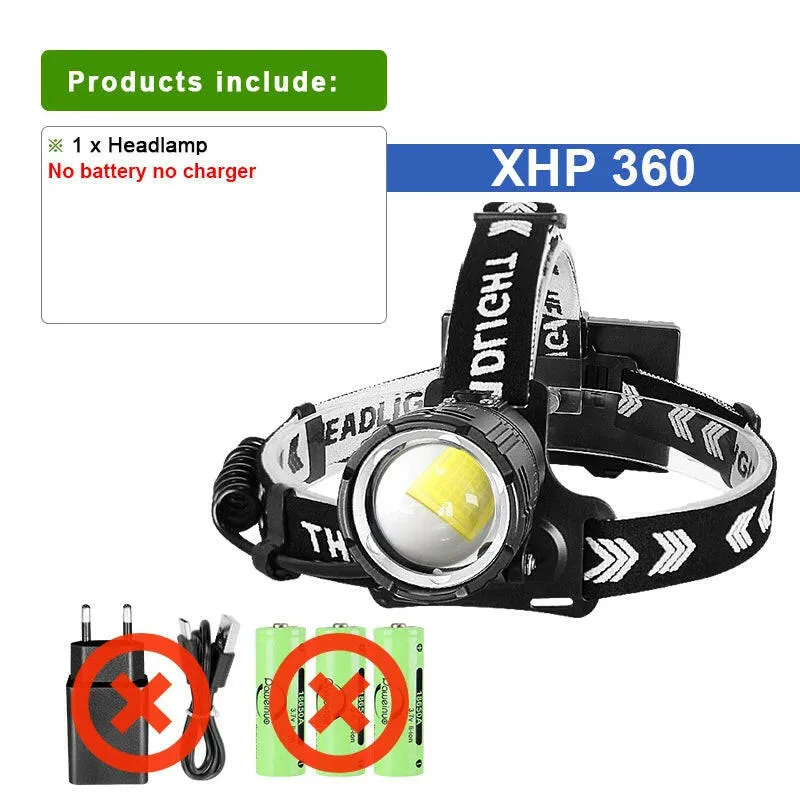 XHP360 Head Lantern USB Ultra Rechargeable Powerful LED Headlamp Super Bright Head Flashlight Outdoor Camping Fishing Head Lamp