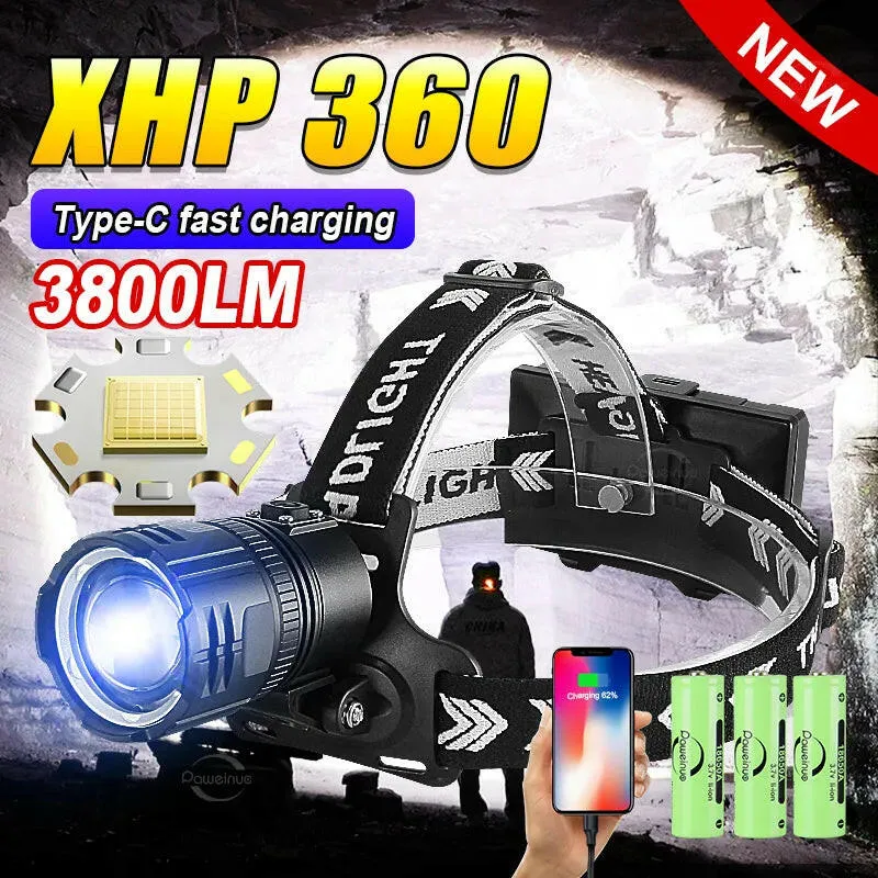 XHP360 Head Lantern USB Ultra Rechargeable Powerful LED Headlamp Super Bright Head Flashlight Outdoor Camping Fishing Head Lamp